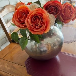 Silk Flowers and Metal Vase EUC